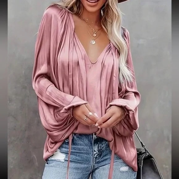 Luxe Satin Neck Tie Lantern Long sleeve Blouse - Picture 10 of 13